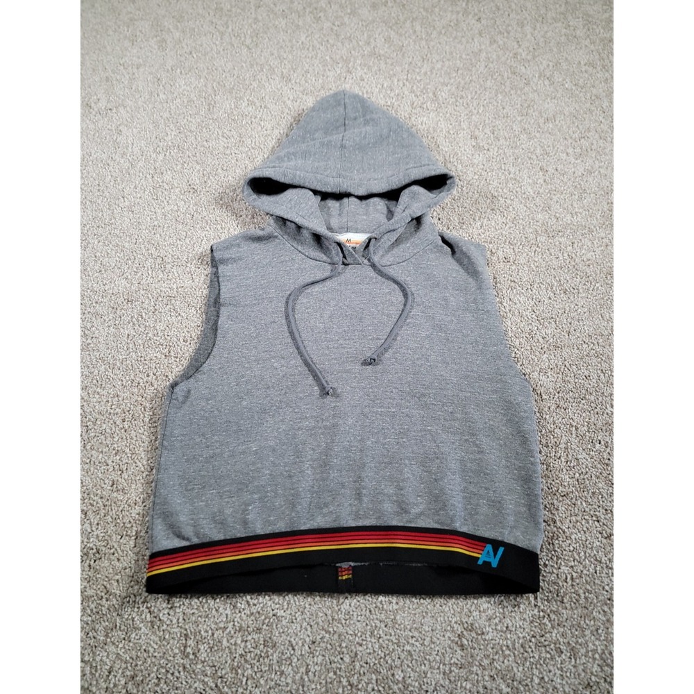 Aviator Nation Vest Medium Gray Sleeveless Crop Pullover Drawstrings Stripe Gym